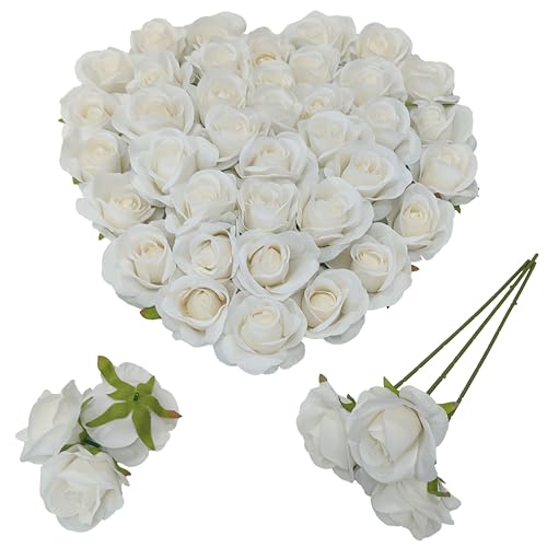 Artificial Satin Rose Flower Heads,42 Pcs Silk Rose Heads with Stems,3.5'' Rose Artificial Flowers Bulk,Artificial Rose Flower Heads for DIY Crafts Bouquet (42, White) - color: White