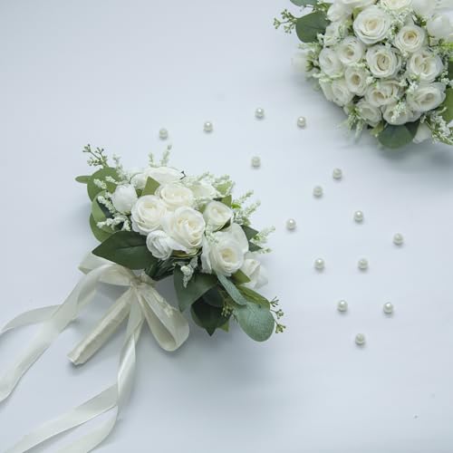 Artificial Bridesmaid Bouquets Set of 8 - Ivory White 9 Inch Various Flower Bouquet for Wedding Party Ceremony Anniversary Dinning Table Centerpieces Decor Faux (Rose with Ribbon) - color: All Small Rose
