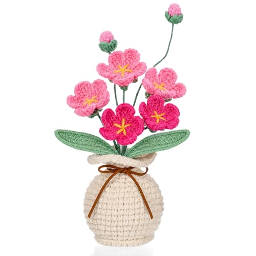 Marsui Crochet Flower Bouquet with Vase Forget-Me-Not Flowers Pot Crocheted Flower Handmade Knitted Potted Flowers Gift for Wome Coworker Father's Gifts Back to School Gift Home Decoration (Pink) - color: Pink, style: Forget-me-not