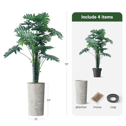 Artificial Tree in Geometric Pattern Planter, Fake Philodendron Tree Silk Tree for Indoor and Outdoor Home Decoration - 70" Overall Tall (Plant Pot Plus Tree) - style: Philodendron Tree