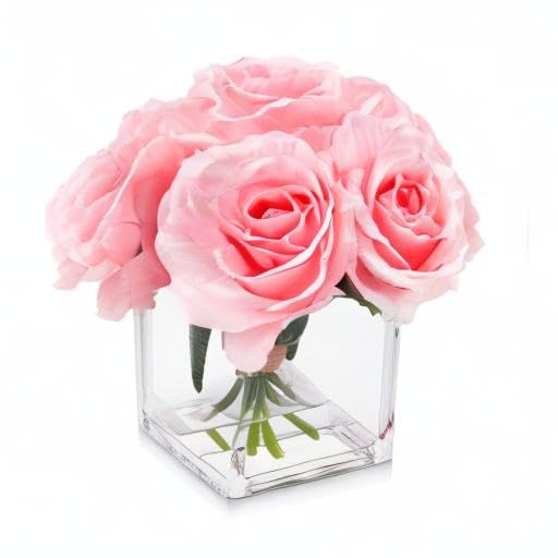 7 Large Stem Pink Rose Artificial Flowers in Vase, Fake Rose with Fake Flowers in Vase for Home Decor, Wedding Table (Pink) - color: Pink