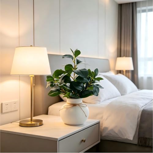 16.5'' Artificial Ficus Branch Arrangement, Real Looking Faux Plant with Glossy Green Oval Leaves, White Ceramic Vase with Rope Accent and Pebbles for Table Entryway Indoor Decor - color: Ficus Plant