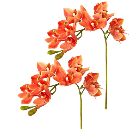 XIYUAN 28.5inch Artificial Phalaenopsis Flowers 2 Bunch 10 Large Petals Orchids Fake Cymbidium Flowers Artificial Orchid Flowers Stem Plants Latex Phalaenopsis Branches for Home Décor (Orange) - color: Orange 10 Heads