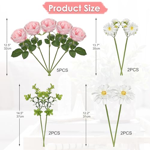 GnFlus Artificial Peony Flower Stems 11pcs Pink Faux Peonies & Daisies Silk Flowers 14.5" Fake Flowers for Vase Centerpiece Wedding Party Home Decor DIY Bridal Bouquet - color: Peony, Pink, size: 1 Pack