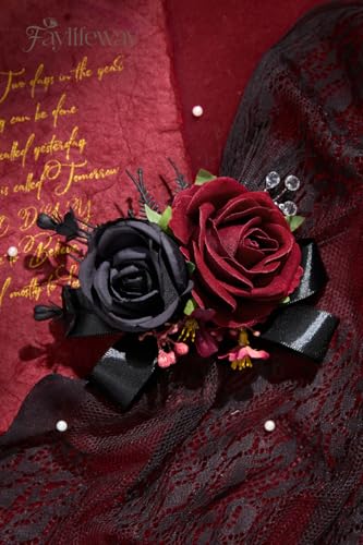 Rose Burgundy Corsage and Boutonniere Set for Wedding Prom(Set of 2),Artificial Flower Wrist Corsage Bracelets for Women Homecoming,Boutonniere for Men Suit Decorations Party Anniversary - color: Red&black, size: 1 Corsage & 1 Boutonniere