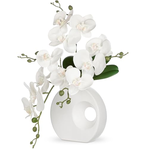 Briful Artificial Orchid White Flowers in Modern Ceramic Vase 15.7" Tall Faux Orchid Arrangement Silk Orchid Flower Fake Orchid Centerpiece for Home Office Room Wedding Table Décor - color: White, size: White Ceramic Pot