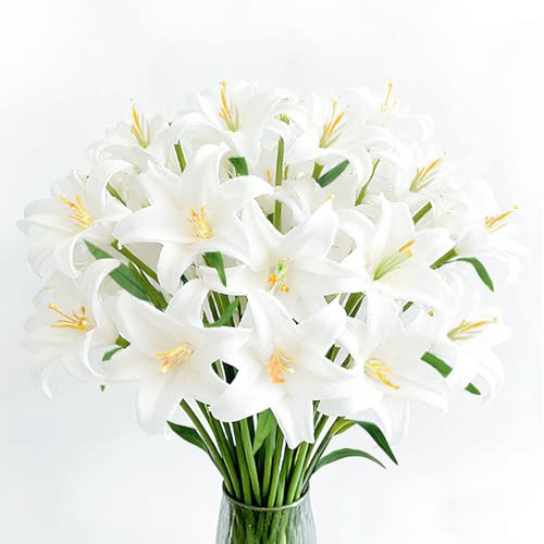 Tinsow 20Pcs Artificial Lily Real Touch Flowers Fake Latex Lily Flowers White Mini Lily for Wedding Home Decoration Small Easter Lily