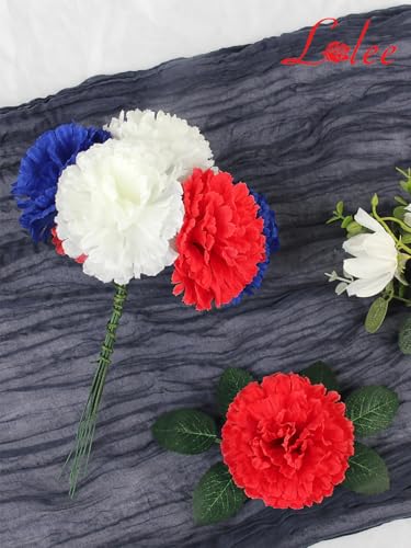108pcs Carnation Head with Stem, Red Blue White Artificial Carnations Flowers, 3.5" Silk Carnation Fake Flower Arrangement for Patriotic Memorial Bouquet Grave Centerpieces 4th of July Veterans Decor - color: Red&blue&white