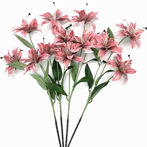 Artificial Lily Flowers Fake Vintage Lilies Silk Flower Realistic Plastic Stems Faux Plants for Indoor Outdoor Decor Pot Vase Floral Arrangement Wedding Party Bouquet DIY Decoration - Coral Red 4 Pack - color: Silk Flowers / Coral Red / 4 Pack