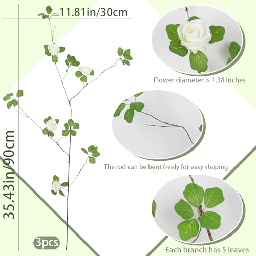 3 Pcs Artificial Greenery Stems Plants with White Roses Flowers 29.5" Faux Branches for Vase Filler Fake Ficus Twig Plants for Home Office Party Wedding Shop Spring Summer Fall Decoration
