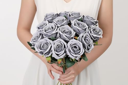 SITUMEIZI 15PCS Artificial Roses Silk Flowers Fake Roses Realistic Bouquet Long Stem with Gift Box for Mother's Gift Day Home Party Wedding Decorations(Silver) - color: Silver