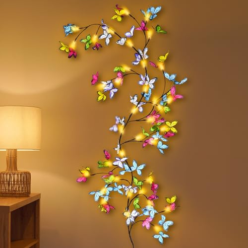 Bexdir Lighted Willow Vine 6FT, Enchanted Willow Vine Lights Battery Operated with Butterfly Decoration Plug in, Vine Lights for Wall Chirstmas Holiday Fireplace Decor - color: Multicolor