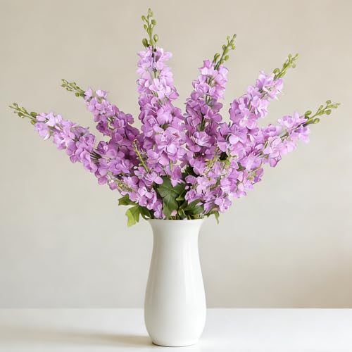 HCTCPALS Artificial Flowers for Outdoors 6 Pcs Delphinium Plant Realistic Silk Fake Flowers for UV Resistant Faux Plants Outdoor Indoor Outside Front Porch Hanging Planter Decoration-30" Purple - color: Delphinium Purple