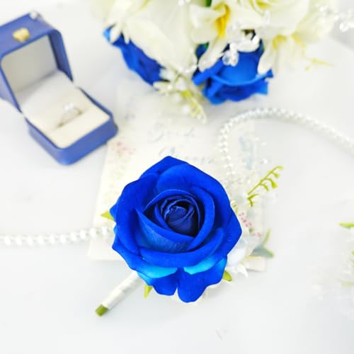 Royal Blue White Corsage and Boutonniere Set for Wedding Prom, Artificial Rose Flower Wrist Corsage Bracelets, Homecoming Corsage Wristlet, Boutonniere for Men Wedding Suit Decorations