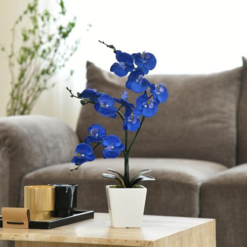 15" Tall Artificial Silk Phalaenopsis Orchid Flower Plant Pot Arrangements (Navy Blue) - color: Navy Blue