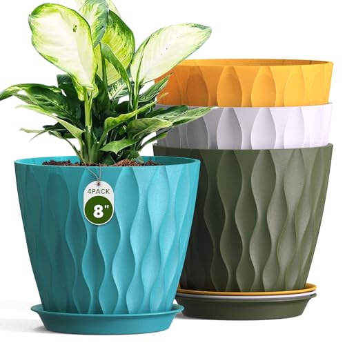 8 Inch Wave Plant Pots with Drainage Holes & Saucers, 4 Pack Modern Textured Medium Planters for Indoor Outdoor Plants, Decorative Flower Pots Set for Flowers, Herbs (Multicolor) - color: Multicolor