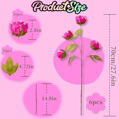 ucky 6 Pcs Fuchsi Artificial Peonies Silk Flowers, 27.6" Long Stem Fake Peonies with Wood-Textured Bendable Branch, Life-like Texture Large Peony Blooms for Tall Floor Vase, Wedding, Home Office Decor - color: Cjy Fuchsi
