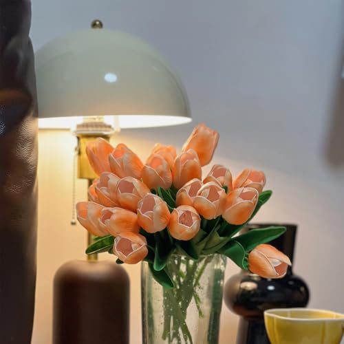20PCS Artificial Tulip Flowers - 13.5" Real Touch Fake PU Tulips Bouquet Faux Spring Flowers (Champagne) - color: Champagne