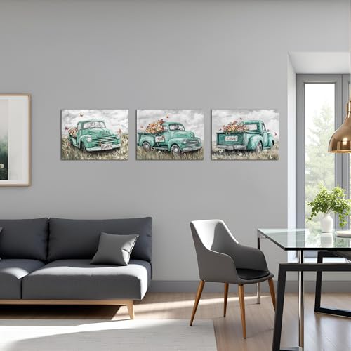 sechars Truck Wall Art Canvas Vintage Farmhouse Decor Faith Hope Love Floral Painting Prints (Green) - color: Green