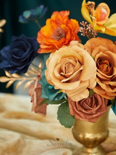 Serwalin Teal Burnt Orange Artificial Flowers, Fake Silk Cake Flowers for DIY Wedding Bridal Bouquet Centerpieces Floral Arrangement Decor Party Baby Shower Fall Home Decor - color: B Teal Orange, size: 1 Box