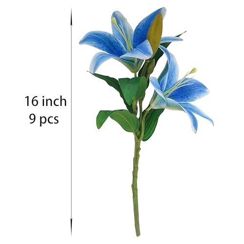 ATFL Artificial Lilies Flowers,9 Pcs Faux Lily Flowers,16''Tiger Lily Branches with 2 Full Blooms and 1 Bud,Faux Fake Lilies Plants for Wedding Bouquet Floral Arrangements (9, Blue) - color: Blue