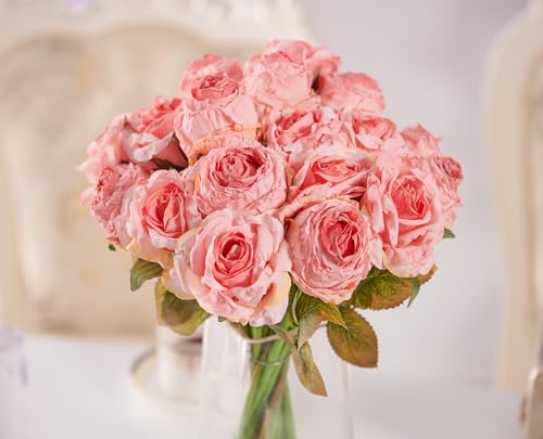 PONKING Rose Artificial Flower 12pcs Realistic Faux Silk Roses Fake Flowers Bouquets Arrangements Decor for Wedding Spring Mother's Day, Home Table Decorations, Pink Flower - color: A 12pcs Pink Rose