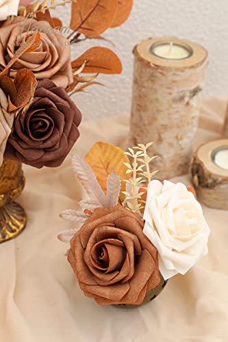 Floroom Artificial Flowers 25pcs Real Looking Earth Tones Ombre Colors Foam Fake Roses with Stems for DIY Wedding Bouquets Bridal Shower Floral Centerpieces Party Tables Home Decorations - color: Shades of Earth Tones