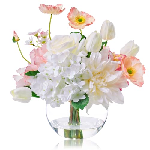 Artificial Flowers in Vase for Seasonal Decor, Mixed White Tulips & Pink Silk Fake Flowers Bouquet Arrangements in Glass Vase with Fake Water for Spring Home Office Hotel Wedding Party Table Decor - color: Mixed White