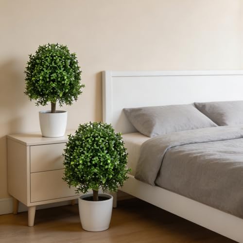 25" Artificial Boxwood Topiary Ball Tree - 2-Pack Realistic Touch Dual-Tone UV-Resistant Outdoor Fake Plant with Triangular Stake & Natural Trunk Texture, Faux Topiary Bush for Garden Porch Decor