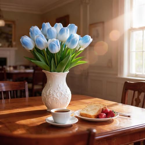 20 Pcs Tulips Artificial Flowers, 13.5'' Real Touch PU Fake Flowers Bouquet for Home Party, Spring Wedding Floral Arrangement, Valentine's, Easter and Mother's Day Decor (White Blue) - color: White Blue
