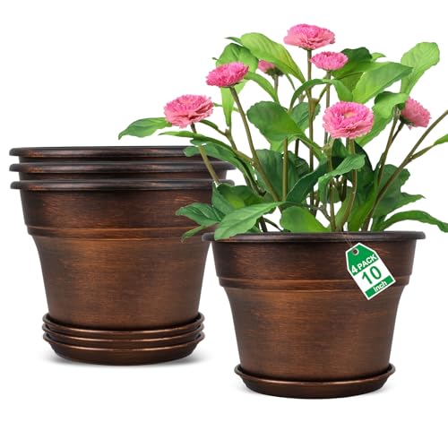 Fodetyff 10 Inch Planters Plant Pots Indoor Outdoor, 4 Pack Plastic Flower Pot for Indoor Plants with Drainage Holes & Trays, Resin Decorative Container Sets with Saucer for House Garden Copper - color: Copper, size: 10 inch-4 pack