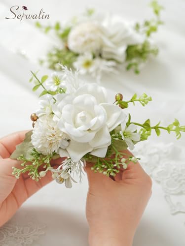 Serwalin 2 Pcs Boutonniere, 6-7 Inch Ivory White Corsage for Wedding, Boutonniere for Men Groom and Best Man Prom Ceremony Anniversary Party Suit - color: Ivory White, size: Boutonniere-2pcs