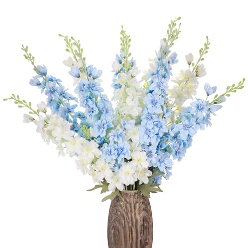10 Pcs Delphinium Artificial Flowers for Decoration, 33.86 Inch Long Stem Larkspur Fake Flowers Light Blue Faux Silk Bouquets for Tall Vase Wedding Home Decor Floral Arrangements(White+Blue) - color: White+light Blue, size: 33.86 inch