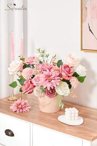 Serwalin Artificial Flowers Wedding Pink Flowers Silk Fake Dahlia Cake Flowers for Wedding Bouquets Table Centerpieces Birthday Party Bridal Baby Shower Home Decorations - color: A Athens Pink Dahlia, size: 1 Box