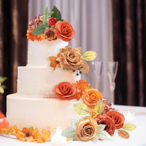 rongflower Orange Artificial Flowers Combo Box Set Fall Silk Flowers Fake Rose for DIY Floral Arrangements Wedding Bouquets Centerpieces Baby Shower Party Home Decorations - color: Rustic Terracotta Orange
