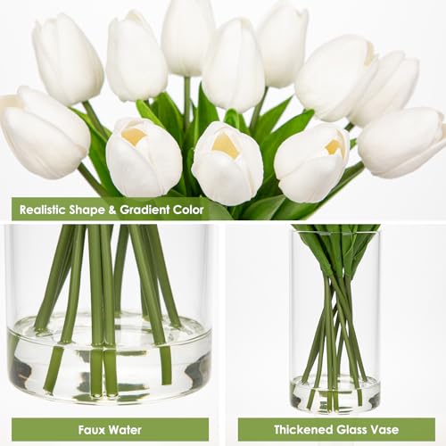 DILATATA 12 Pcs Artificial Real Touch Tulips Flowers in Glass Vase with Faux Water, Tulips Fake Arrangements White Tulips with Vase for Dining Table Home Decor Wedding Centerpieces - color: Cylindrical Vase/White/1 Set