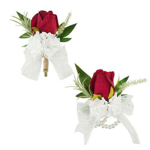 Burgundy Corsage and Boutonniere Set for Wedding Prom, Artificial Rose Flower Homecoming Corsage Wristlet, Boutonniere for Men Wedding Suit Decor - color: Burgundy