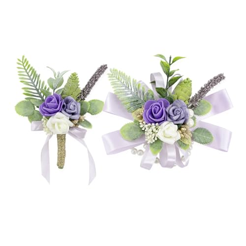 Purple Corsage and Boutonniere Set Wrist Corsage Wristlet for Prom Groom Flower Boutonniere for Men Wedding Party Homecoming Accessories Suit - color: Purple