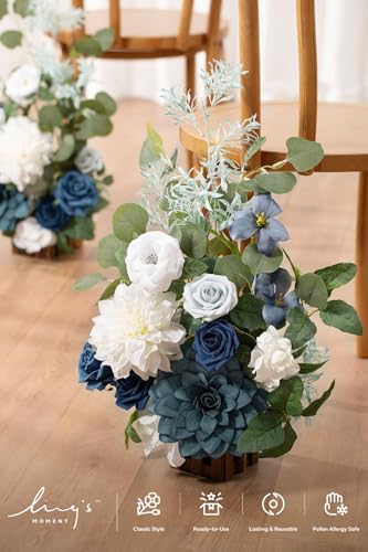 Ling's moment 17.5" Tall Standing Artificial Flowers Arrangements 4 pcs Wedding Aisle Runner Chair Decorations Dusty Blue Navy Centerpieces for Ceremony Reception Rose Floral Party Outdoor - color: Blu-dusty Blue & Navy Blue & White(2024)
