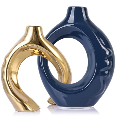 LCCCK Blue and Gold Ceramic Vases for Home Decor, Boho Vase for Flowers Pampas Grass Decorative, Navy Blue Hollow Donut Small Vase for Living Room Table Wedding Centerpiece Modern Vases - color: Blue and Gold