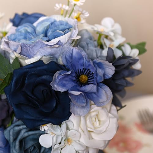 Dusty Blue Roses Silk Artificial Flowers Combo for DIY Bouquet Centerpieces Floral Arrangements, Navy Blue White Faux Flower with Stem Multi Use Wedding Party Home Decorations - color: Dusty Blue White