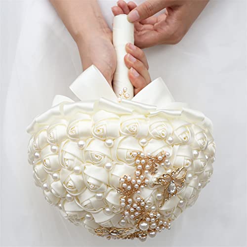 Sharebeauty 5.9 Inch Handmade Satin Rose Bridal Bouquet Toss Round Wedding Bouquet Throw Toss Artificial Flower Bunch Ivory - color: W322g12 Ivory, size: 5.9 inches / 15 cm