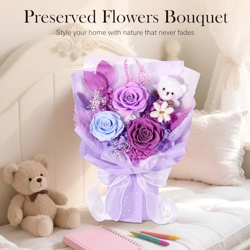 Preserved Flowers Bouquet with Bear, 3 Real Forever Flowers for Delivery, Long-Lasting Purple Eteranl Roses Bouquet, Anniversary Birthday Gifts for Women Mom Her Girlfriend Wife - color: Purple