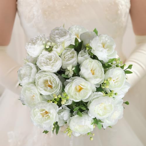 8 Bundles Artificial Peonies Silk Flowers White Faux Peony Bouquet Florals Arrangements Decor for Farmhouse Home Boho Bridal Wedding Table Centerpiece Decoration (White) - color: White