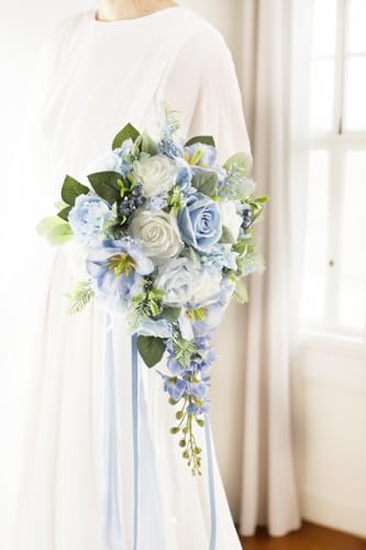 12 Inch Cascade Wedding Bouquets for Bride, Dusty Blue & White Cascading Bridal Bouquet for Wedding Silk Artificial Flowers - color: Dusty Blue & White