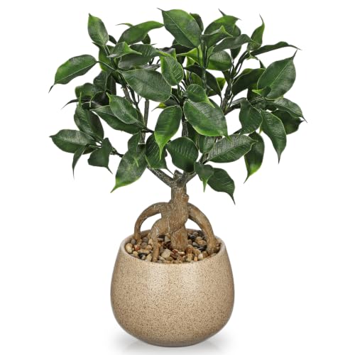 Artificial Bonsai Tree Fake Small Ficus Plant with Ceramic Pot Indoor Plant | 13.7" Faux Plants Indoor Small Artificial Plants in Pots Fake Potted Desk Plant for Bathroom Office Table Shelf Zen Decor - color: Green Ficus&brown Speckled Matte Pot