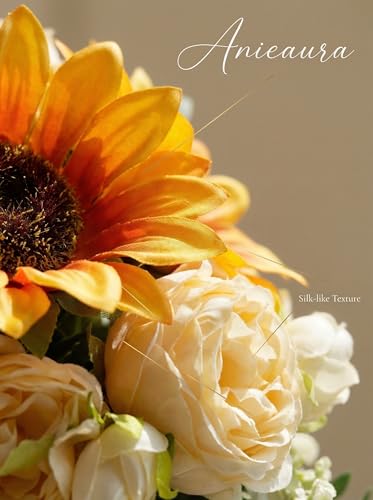 Artificial Sunflower Bouquet with Peony Flowers, Silk Sunflowers Realistic Arrangement for Table Centerpieces, Faux Sunflower Decor for Wedding Home Kitchen Office Vase Decoration