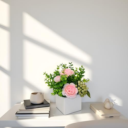Pink Artificial Rose Eucalyptus Berry Faux Floral Table Home Bathroom Decor | Faux Floral Decor with Eucalyptus Leaves Frosted Green Berries, Small Potted Plant for Office Desk Indoor Home Decorations - color: Pink+green