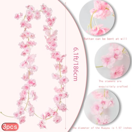 CITYES 3 Pcs Artificial Cherry Blossom Flower Vines Cherry Blossom Garland 18.48 ft Hanging Silk Flowers Vines Fake Flower Garland Outdoors for Home Wedding Garden Party Arch Office Decor Pink - color: Pink-3 Pcs