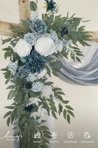 Ling's Moment Dusty Blue Artificial Wedding Arch Flowers Kit Pack of 4, 2pcs Hanging Flower Arrangement 2pcs Chiffon Drape Ceremony Spring Fake Silk Rose Arbor Backdrop Floral Swag Outdoor Beach Decor - color: Blu-dusty Blue & Navy
